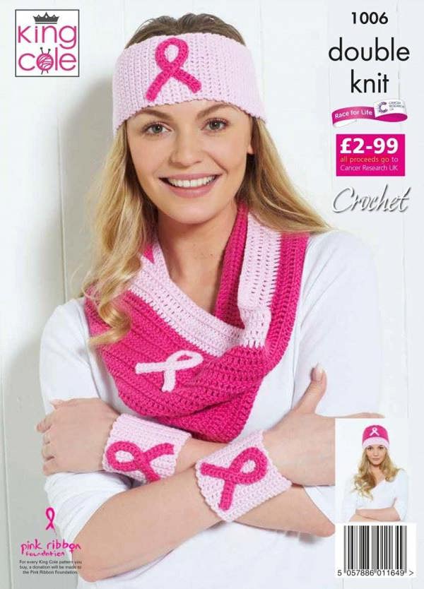 King Cole Pink Ribbon Foundation Big Value DK & Cottonsoft DK Crochet Pattern 1006, Headwear, Scarves, Wrist Warmers for Women, One Size