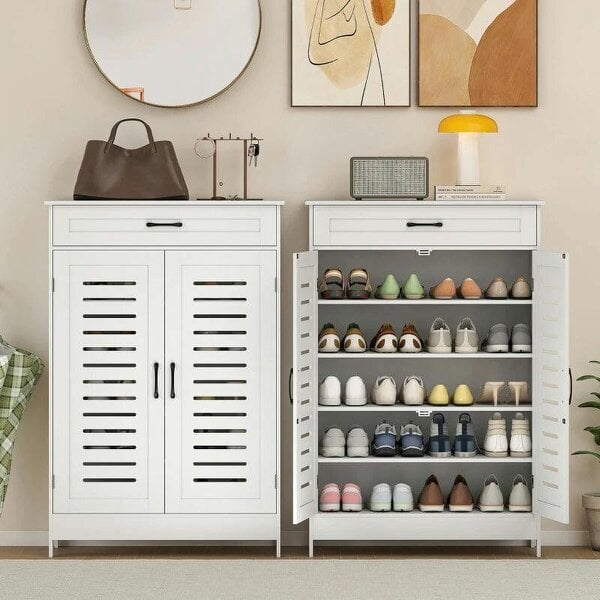 Bobobiy Shoe Cabinet with Louvered Doors, Modern Shoe Storage Cabinet with Drawer and Adjustable Shelves, White