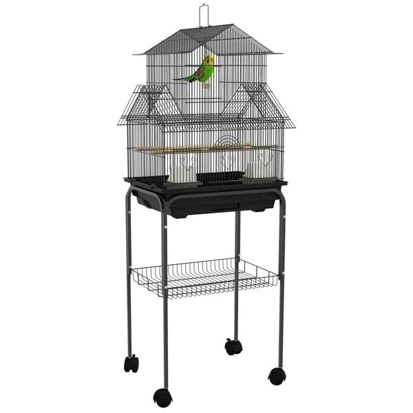 Black metal birdcage on rolling stand with front doors, perch, and plastic swing