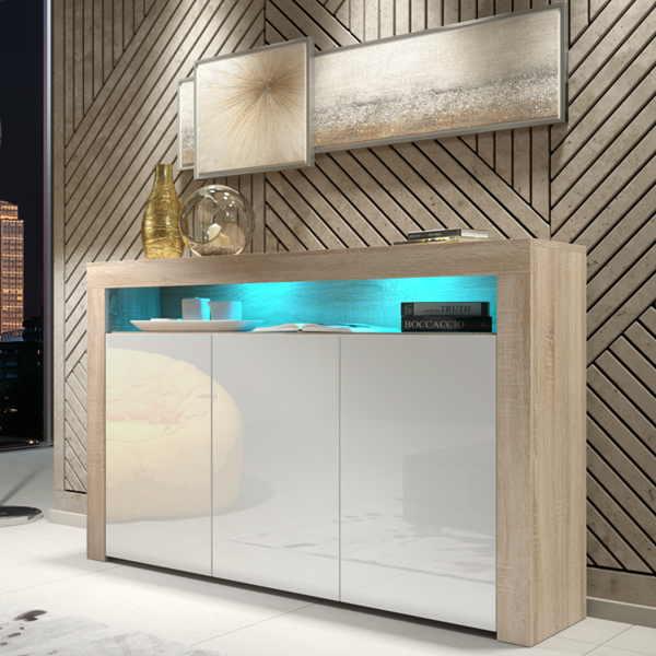 Mex Furniture 155cm Sideboard TV Stand Cupboard Cabinet - White High Gloss Doors & Free LED