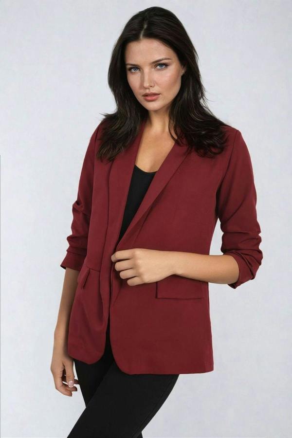 Valerie Ruched Sleeve Open Front Blazer Jacket With Front Pockets - Wine