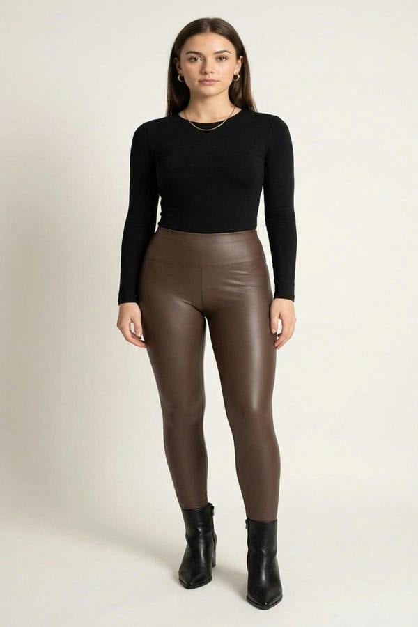 Serina High Waisted Faux Leather Leggings - Brown
