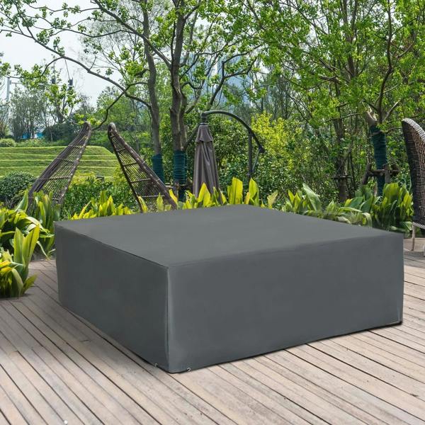 Grey outdoor rattan furniture protective cover with boxy, fitted shape