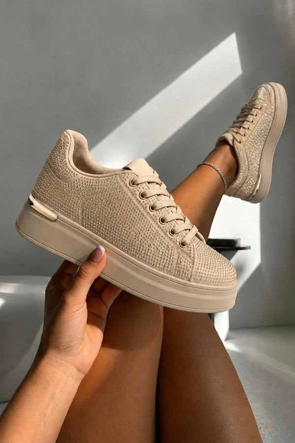 Love Lemonade Crystal Society Glow Lace-Up Chunky Platform Trainers Beige