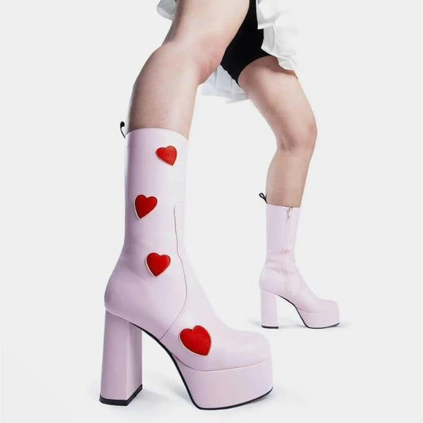 Lamoda Game Of Love Pink PU Red Heart Platform Calf Boots Chunky Gothic