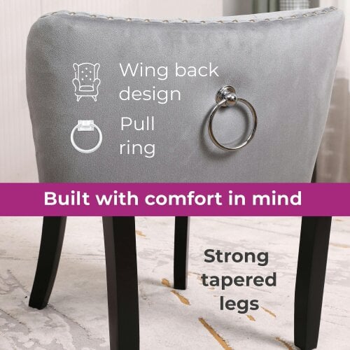 Neo Set Of Two Grey Studded Velvet Dining Table Chairs with Ring Knocker