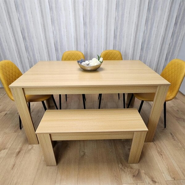 Kosy Koala Wooden Dining Table Set for 6 Oak Effect Table With 4 Mustard Gem Patterned  Chairs and 1 Bench