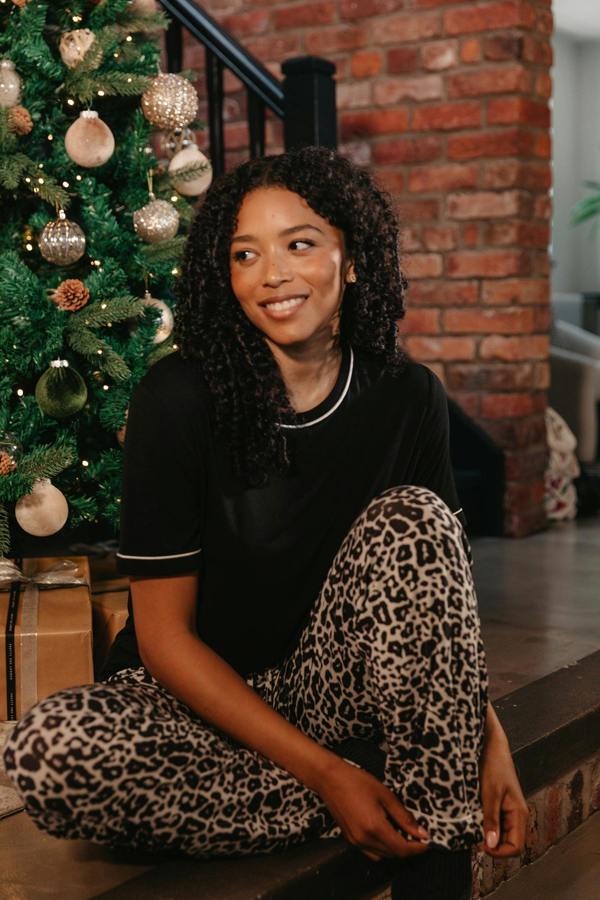Pretty You London Bamboo Tee and Trouser Set in Black / Luxe Leopard