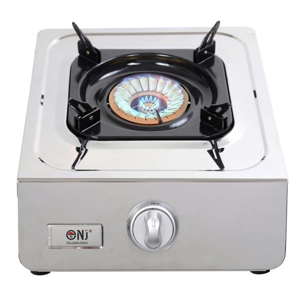 Single-burner gas stove with visible blue flame
