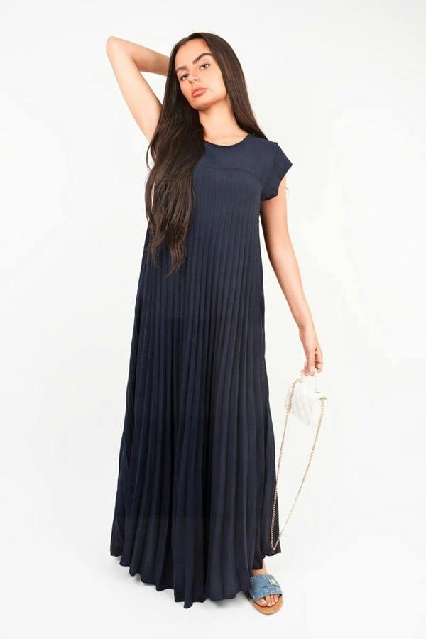 Sarina Pleated Cap Sleeve Maxi Dress - Navy