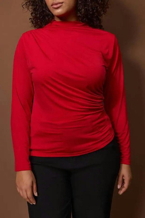 WOVCOR Gathered Detail Long Sleeve Knitted Plus Size Blouse