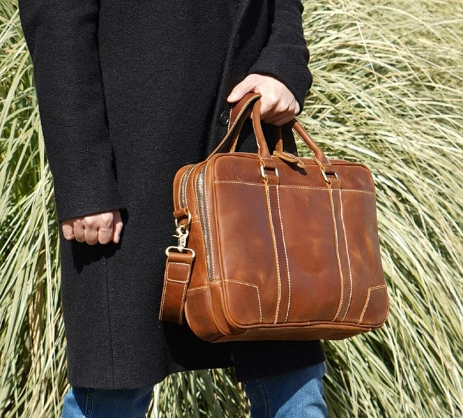 Touribag Minimalist Leather Briefcase Laptop Bag - Light Brown