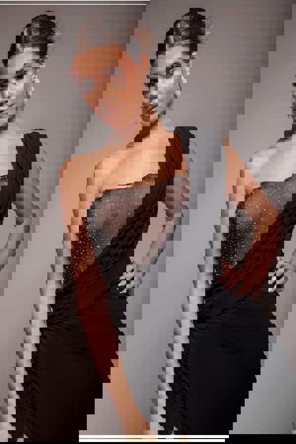 One Shoulder Diamante Chiffon Evening Maxi Dress - Black DR4625