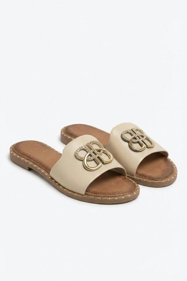 Abby Sparkle Buckle Gold Studded Flat Sandals - Beige_wb