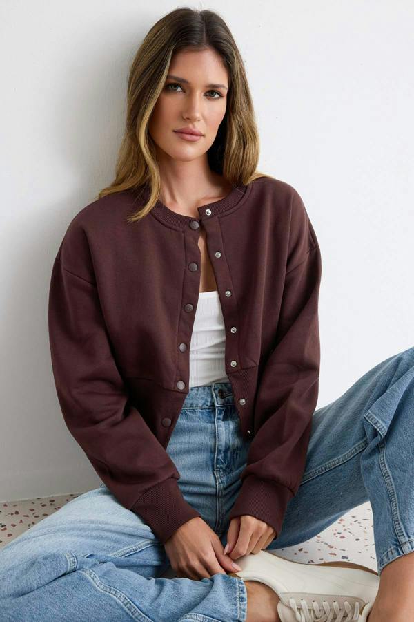 Snap Button Front Regular Fit Crop Cardigan