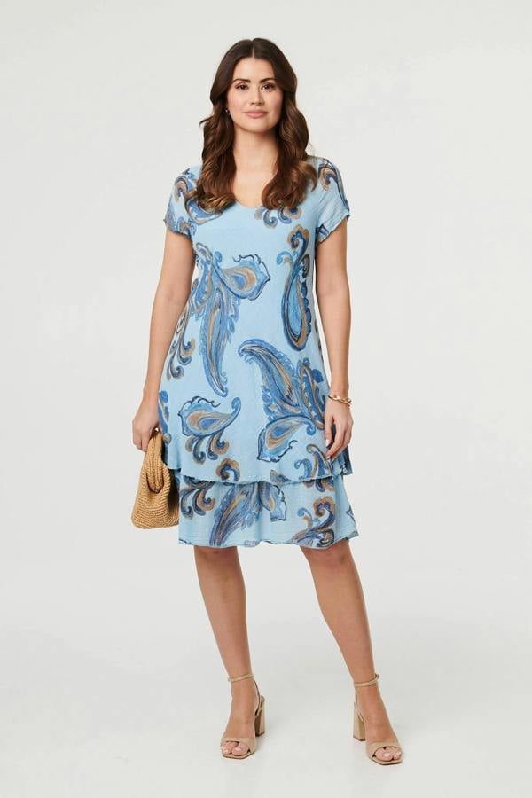 Blue | Floral Print Layered Knee Length Dress