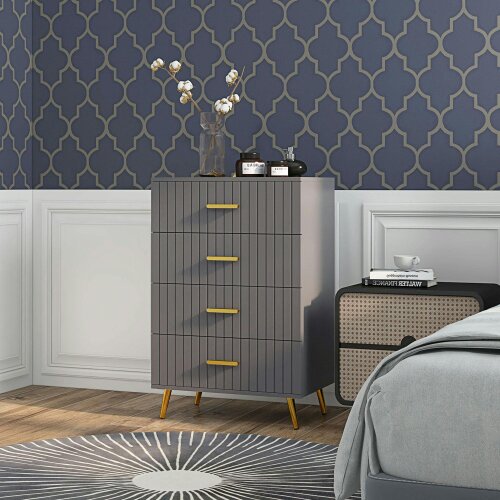 Wyld Haus Zine Wooden Grey And Gold Tone 4 Drawer Embossed Dresser