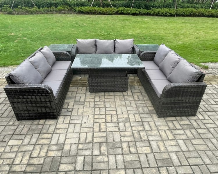 Fimous Patio Garden Dining Set Outdoor Rattan Furniture Lounge Sofa Height Adjustable Rising lifting Table With 2 Side Tables Dark Grey Mixed