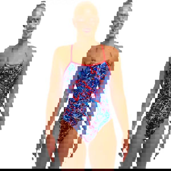 Funkita Mad Cat Swim Secure blue and red abstract one-piece swimsuit