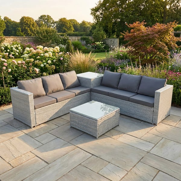Fimous 6 Seater Rattan Garden Furniture Set with Corner Sofa, Coffee Table & Side Table - Light Grey