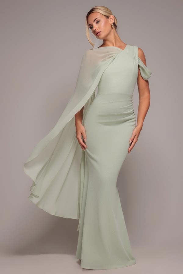 One Shoulder Chiffon Cape Crepe Maxi Dress - Sage Green DR4982