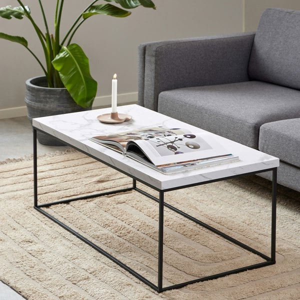 Furniture To Go Barossa Coffee Table with White Marble Effect Top & Black Steel Base 110x55x45cm