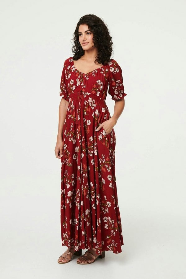Red | Floral Bardot Shirred Empire Maxi Dress
