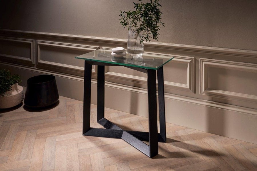 Cadiz Small Console Table with Clear Glass Top & Natural Black Oak Base by Gillmore British Design © GillmoreSPACE Limited