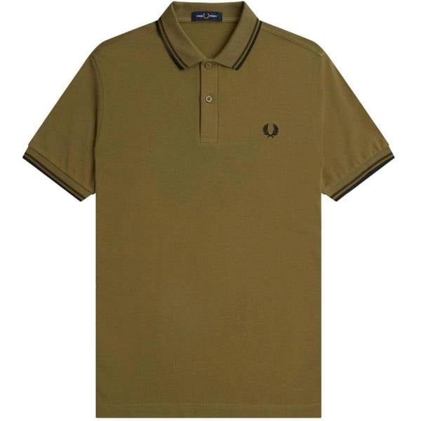 Fred Perry Mens Double Tipped Collar Polo Shirt - Black/Khaki Green - 