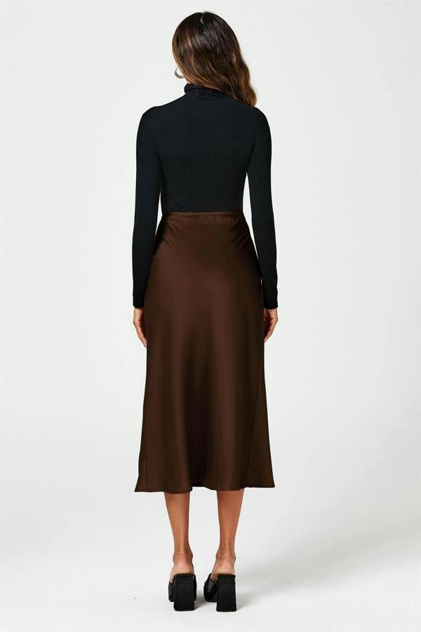 FS Collection Brown Satin Midi Skirt