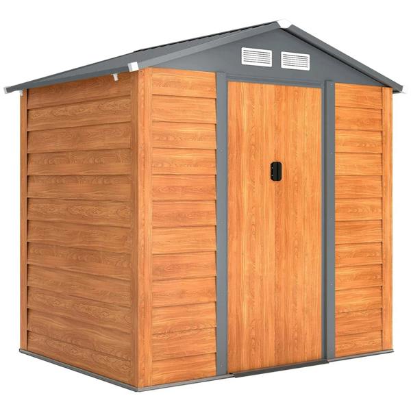 Brown metal garden shed with sloped roof, single sliding door and two roof vents
