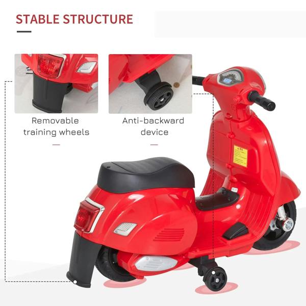 Red ride-on electric motorbike with rear lights and training wheels for stability