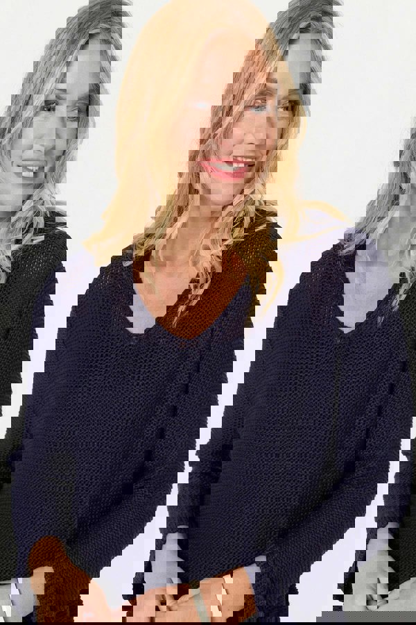 Navy | Mesh Texture 3/4 Sleeve Relaxed Top
