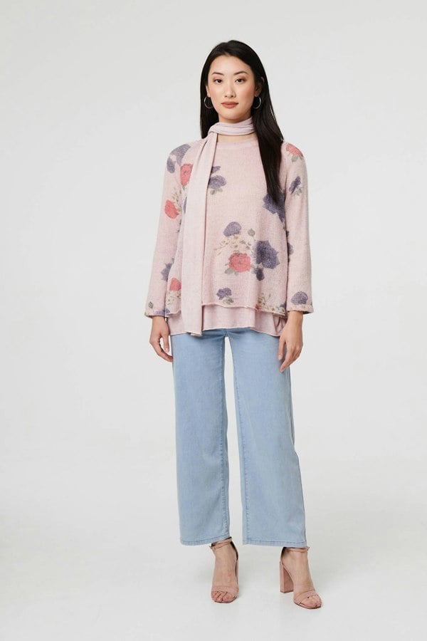 Pink | Floral Layered Tunic Top with Scarf

