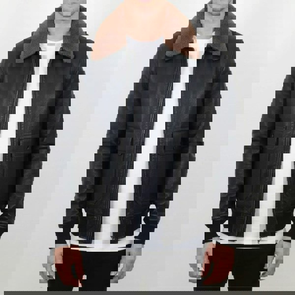 TruClothing Men's Black Leather Bomber Aviator Jacket