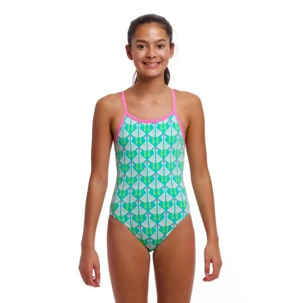 Funkita Girls Loose Goose green swimsuit with white geometric pattern and pink trim