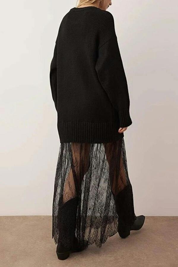 WOVCOR Crew Neck Lace Skirt Maxi Knit Dress