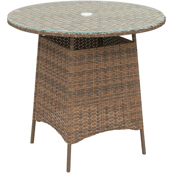 Brown wicker rattan patio coffee table with tempered glass top and umbrella hole