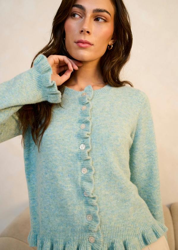 Gini London Green Long Sleeve Ruffle Front Cardigan