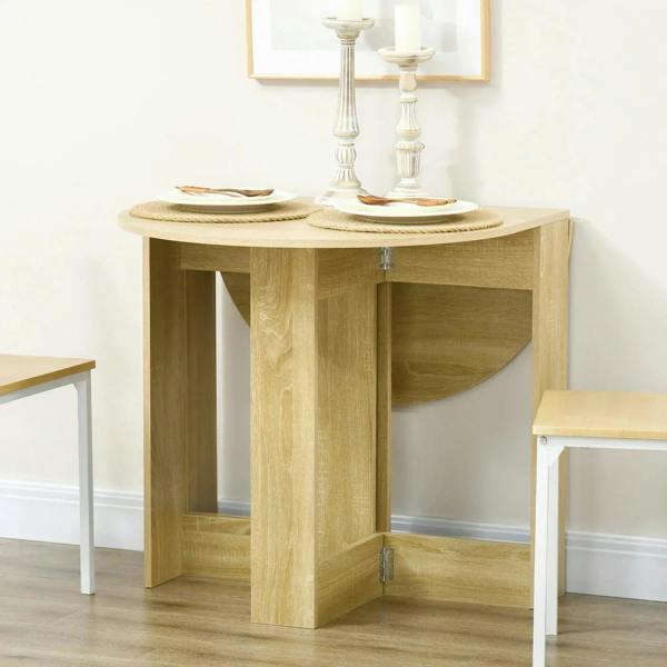 Oak drop-leaf folding dining table with one leaf extended and open underside