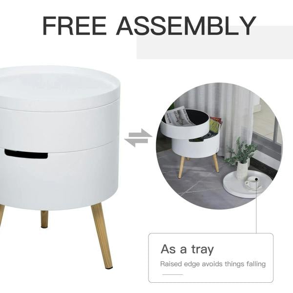 White round table with detachable tray and recessed black handle slot; wooden legs