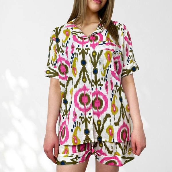 Hayley & Co Ikat Print 100% Cotton Short Pyjama Set in White and Print
