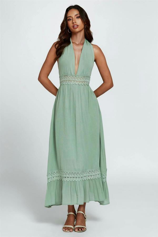 FS Collection Lace Detail Adjustable Deep V Neckline Maxi Dress In Green