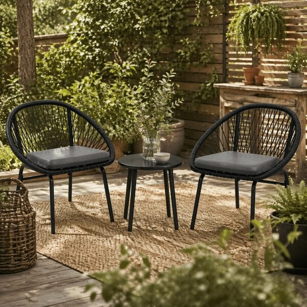 Wyld Haus Lukeno Black Rattan Rope 3 Piece Outdoor Bistro Set Table and 2 Chairs Set