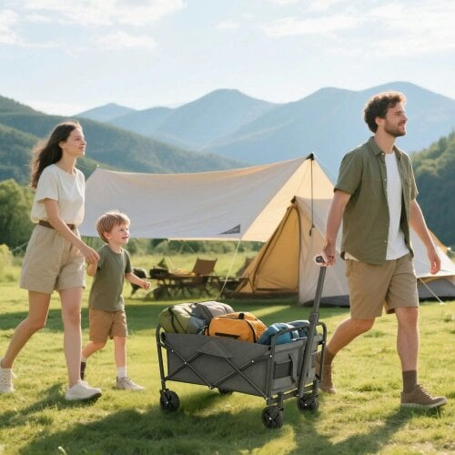 Bobobiy 62L Festival Trolley on Wheels, 120kg Heavy Duty Collapsible Folding Wagon with Adjustable Handle and Carrying Bag for Beach, Grey