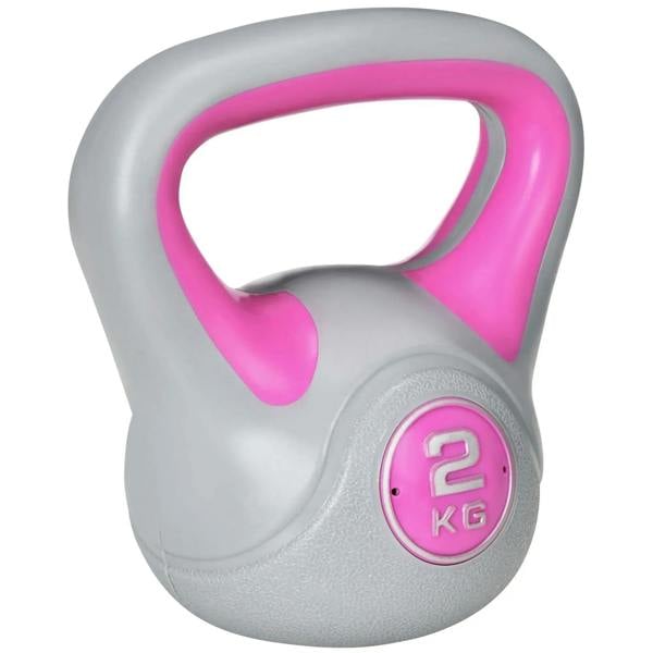 Pink and grey 2 kg kettlebell with wide handle and round weight marking