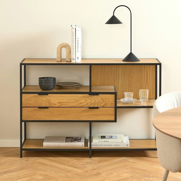 Furniture To Go Seaford Wide Oak Metal Bookcase 2 Drawers and 3 Shelves in Matt Wild Oak