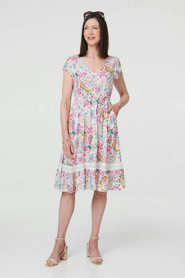 White | Floral Cap Sleeve Lace Knee Length Dress