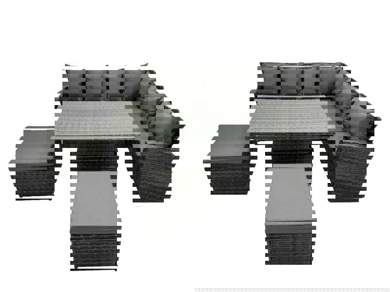 Fimous 8 Seater Rattan Corner Sofa Set with Adjustable Dining Table & 2 Footstools - Dark Grey