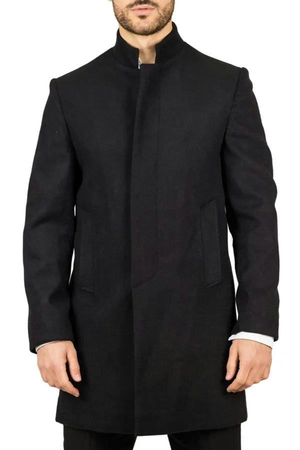 Infinity Leather Men's Black Stand Collar Wool Blend Overcoat